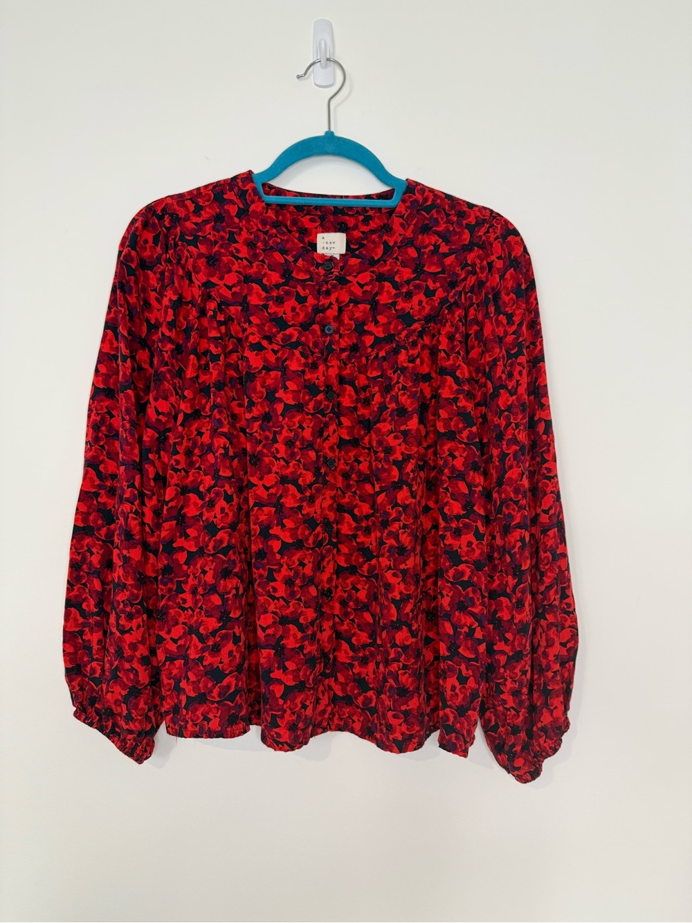 A New Day Red Button Down Patterned Blouse